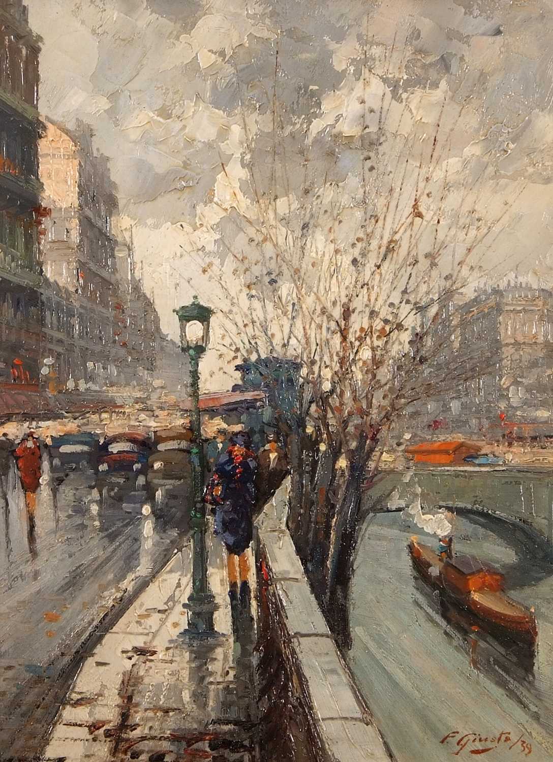 Fausto Giusto (Italian,1867-1941), Le Pont Royal and Pavillion de Flore, Paris, oil on board, signed - Image 9 of 9