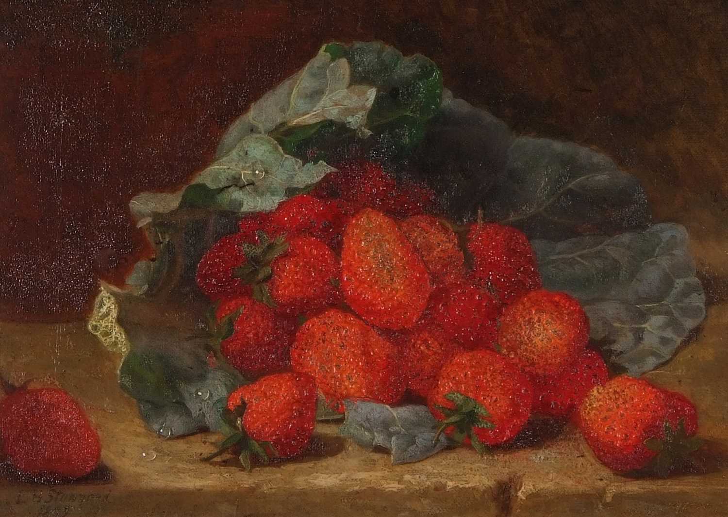 Eloise Harriet Stannard (British, 1829-1915), Still life of strawberries and cabbage leaves, oil - Image 3 of 3