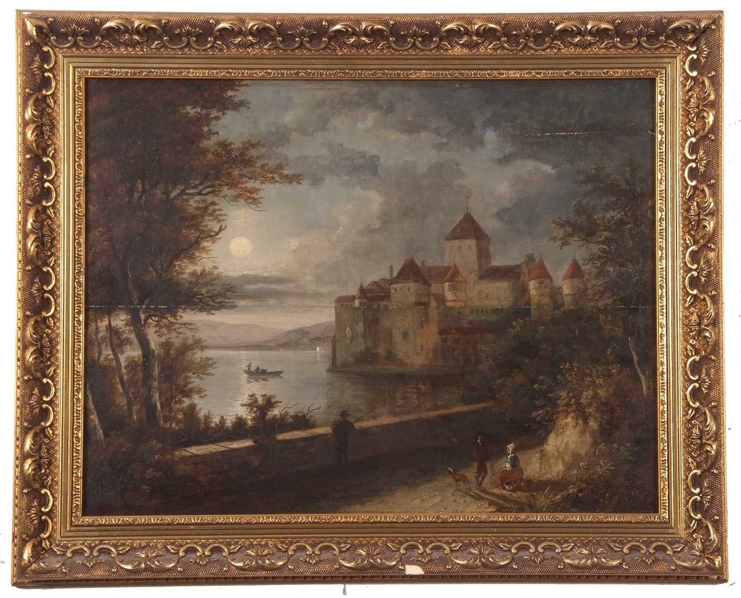 Continental school, circa 19th century, a view of a Schloss in a moonlit lake scene, oil on board, - Image 2 of 3