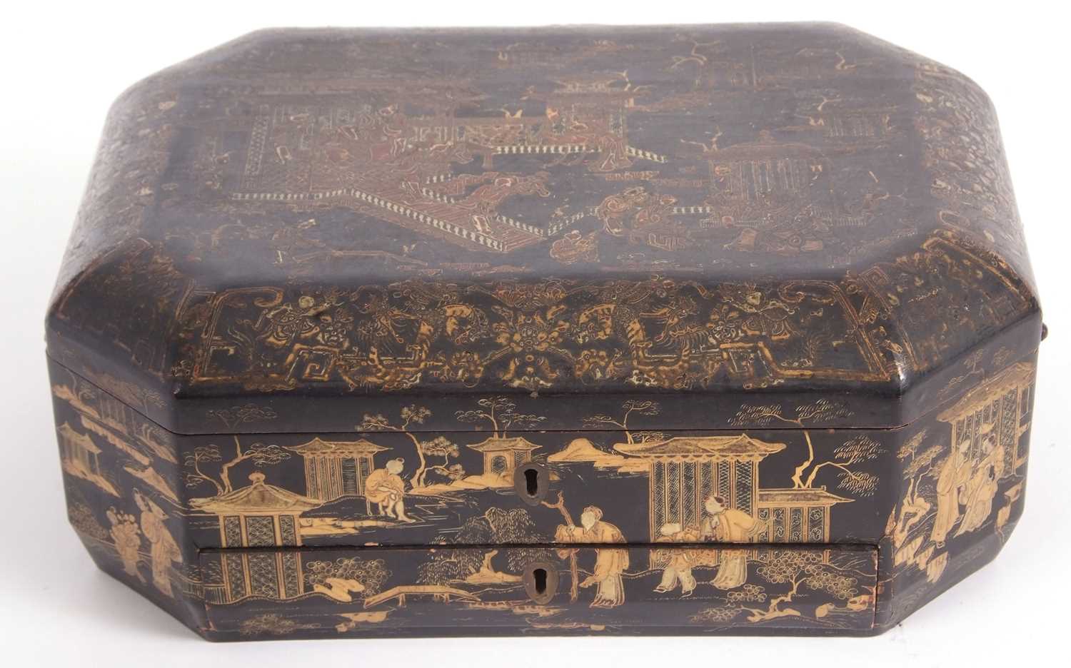 A 19th Century Chinese lacquer box, the black ground decorated in gilt with Chinese landscapes in - Image 3 of 11