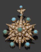 A Victorian turquoise and pearl star brooch/pendant, the centre set with a turquoise surrounded by
