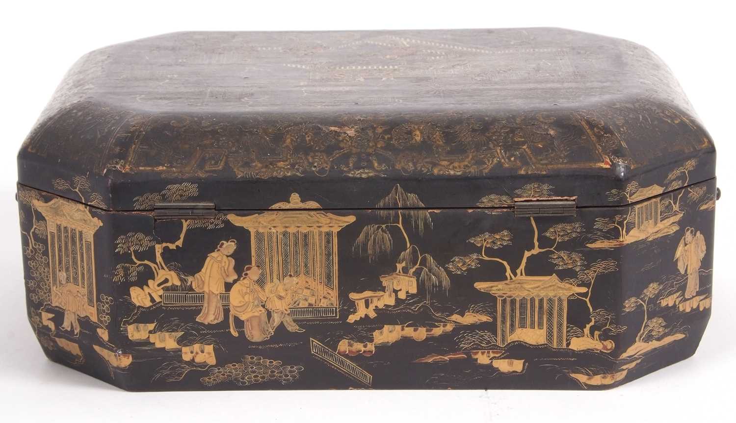 A 19th Century Chinese lacquer box, the black ground decorated in gilt with Chinese landscapes in - Image 6 of 11