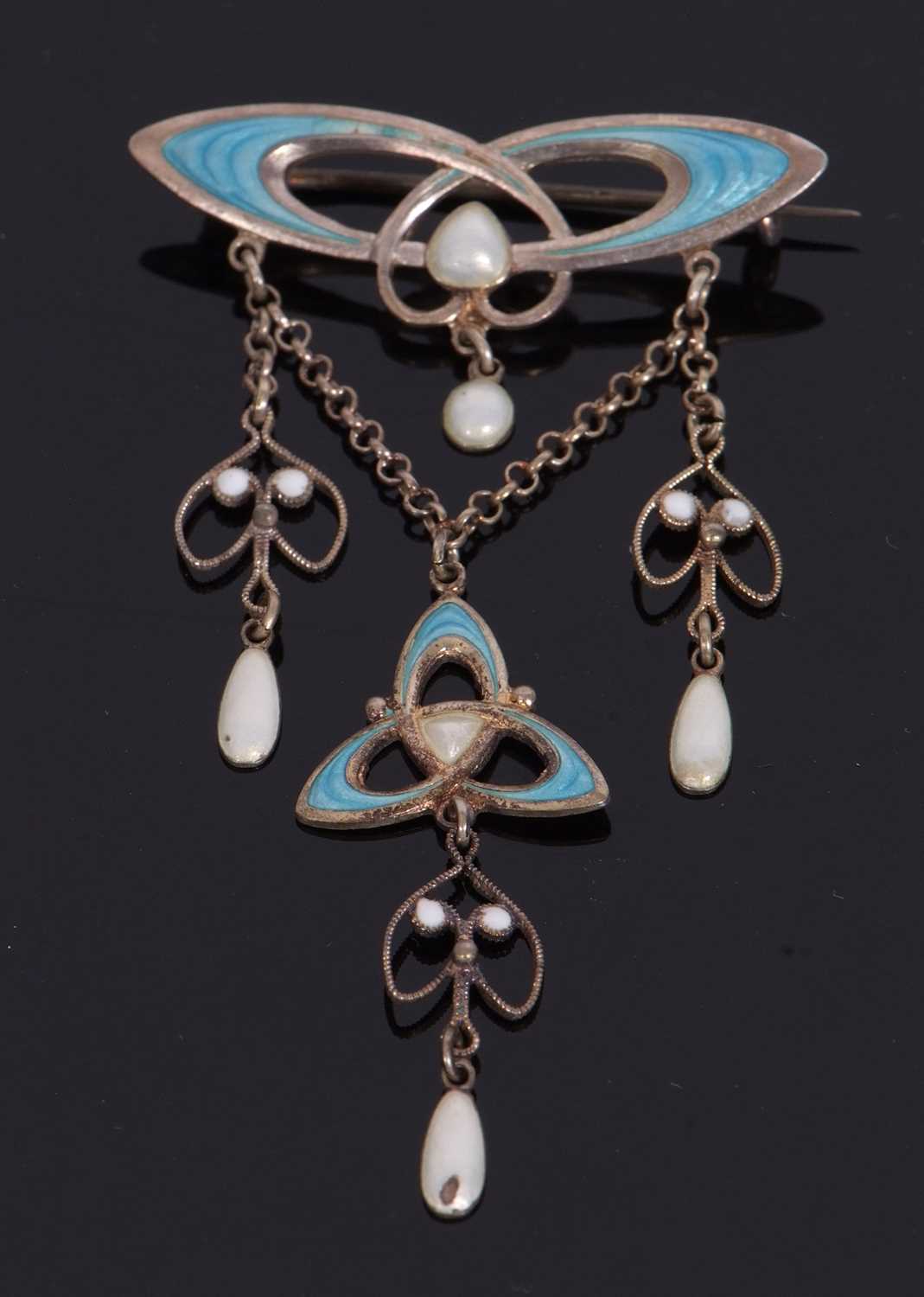 A continental Art Nouveau silver and enamel brooch by Clement Berg, the top set with pale blue - Image 3 of 7