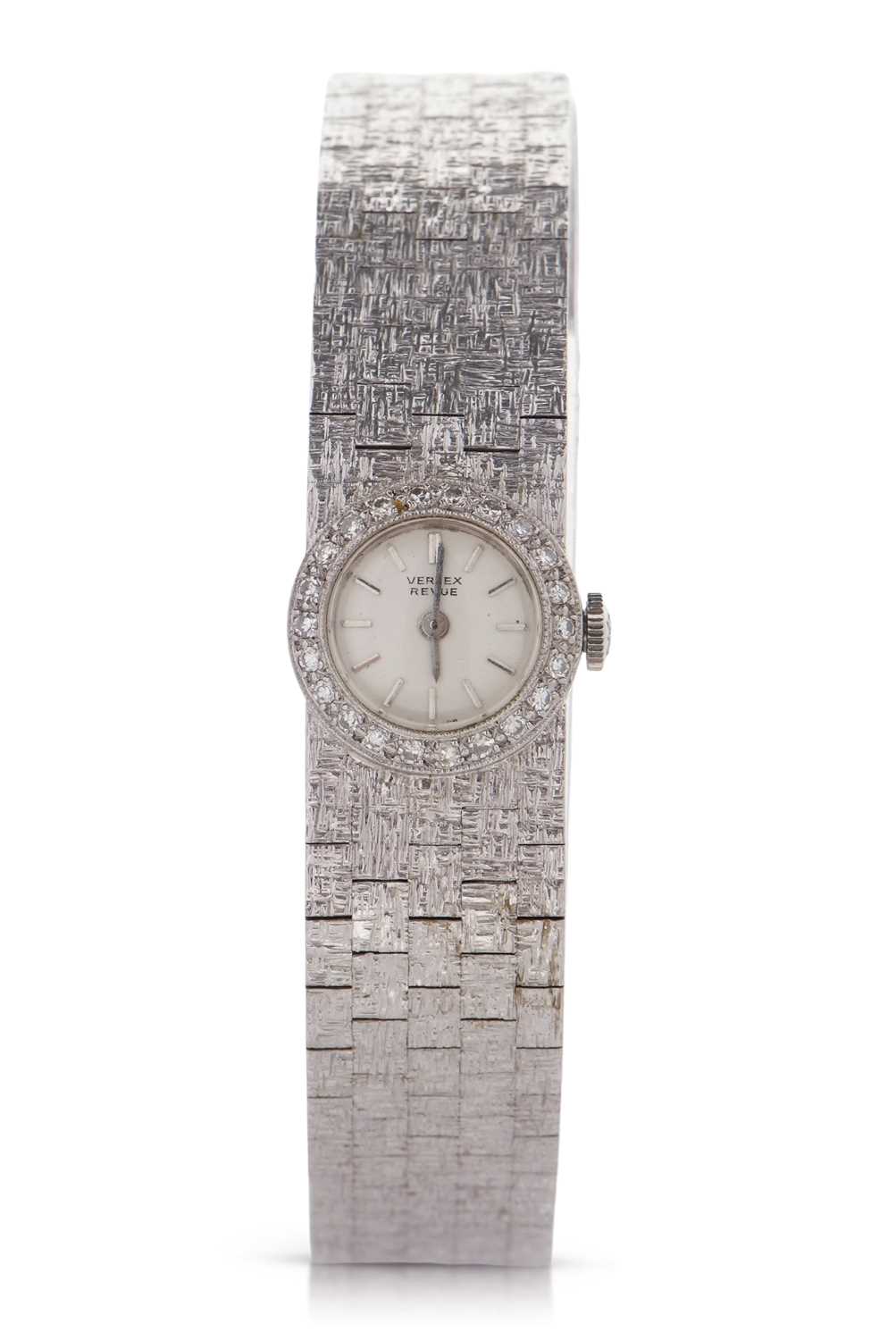 An 18ct white gold ladies Vertex wristwatch with diamond bezel, hallmarks for gold can be found on