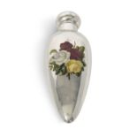 Victorian silver and enamel scent bottle of conical form, the body enamelled with a bunch of