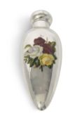 Victorian silver and enamel scent bottle of conical form, the body enamelled with a bunch of