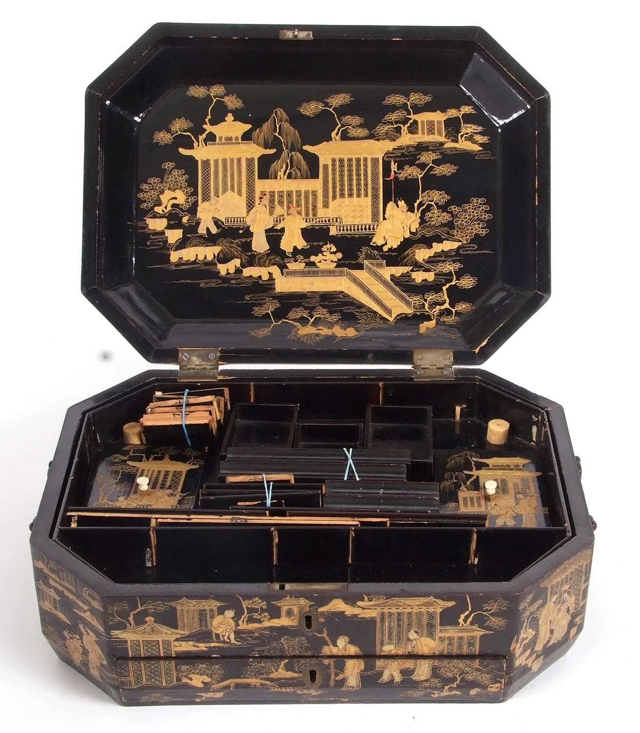 A 19th Century Chinese lacquer box, the black ground decorated in gilt with Chinese landscapes in - Image 8 of 11