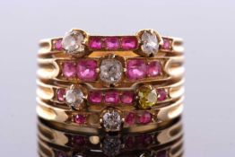 A diamond and ruby ring, the four bands set with mixed cut rubies, old mine cut diamonds,