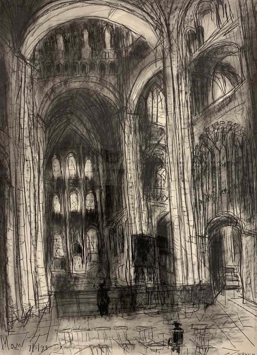 Leslie Marr (British,1922-2021), 'Norwich Cathedral', compressed charcoal on paper, signed and dated