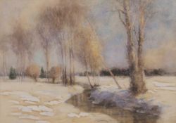 Henry Frank Waring (fl.1900-1928), a view from the riverbank in winter, watercolour, signed,