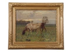 Sir Alfred Arnesby Brown RA (British,1866-1955), Grazing cattle, oil on canvas, signed,13.5x17.5ins,