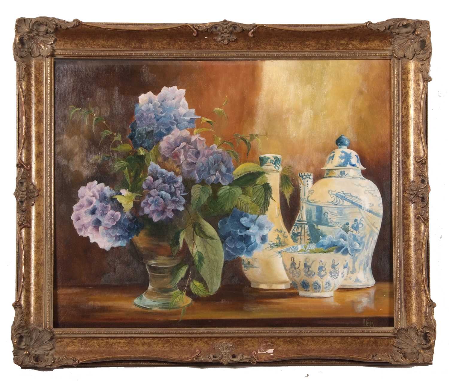 British School, 20th century, Still life with lilac flowers and blueware, oil on board, - Image 2 of 12