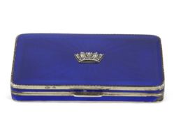 A George V silver and enamel box of rectangular form, the hinged lid and sides with a royal blue