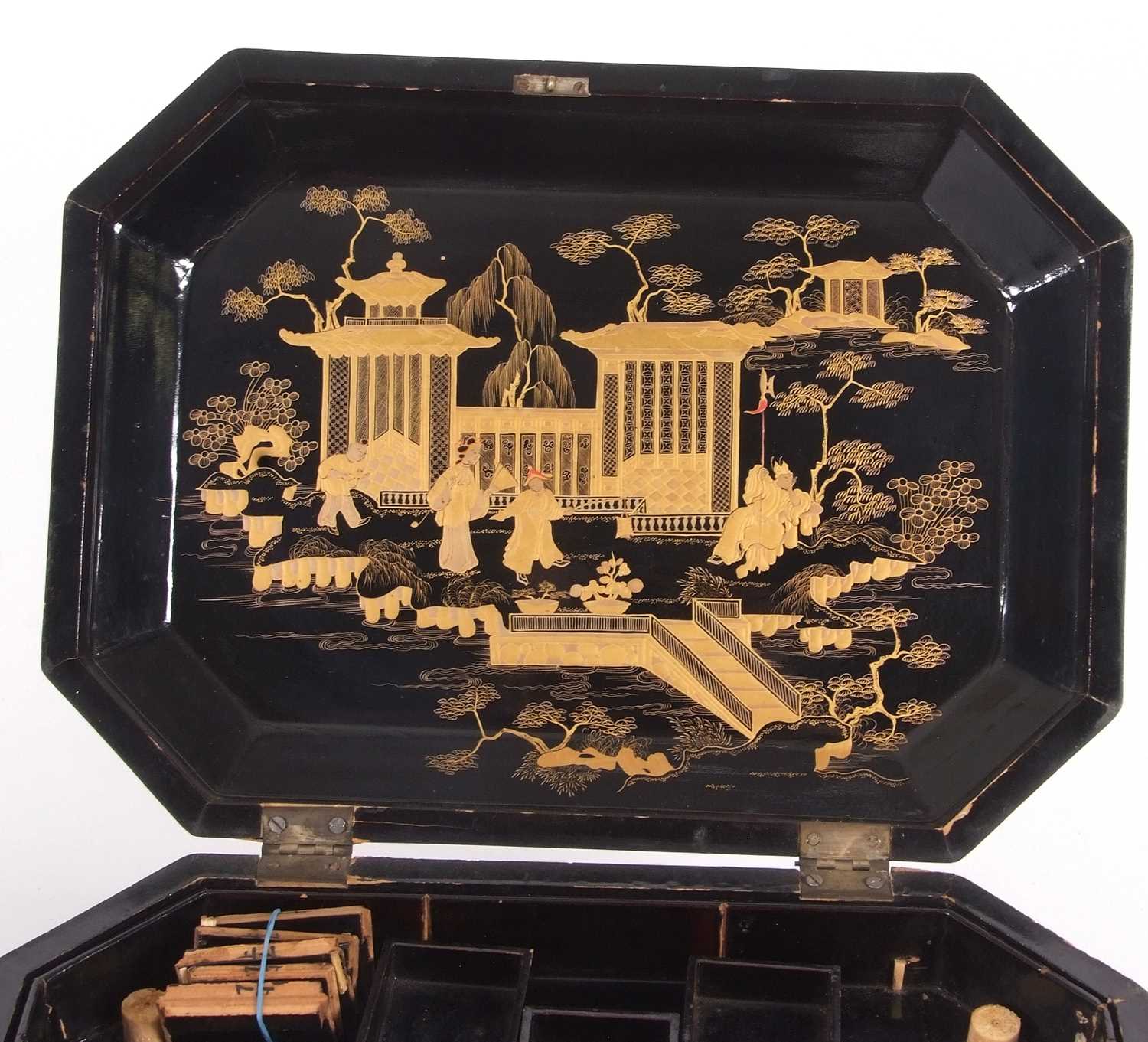 A 19th Century Chinese lacquer box, the black ground decorated in gilt with Chinese landscapes in - Image 9 of 11