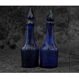 Two late 18th Century/early 19th Century Bristol blue glass condiment bottles, one entitled Elder