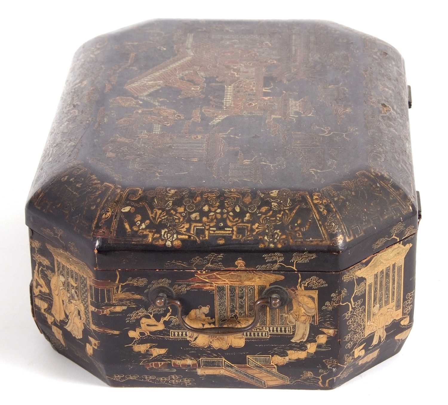 A 19th Century Chinese lacquer box, the black ground decorated in gilt with Chinese landscapes in - Image 4 of 11