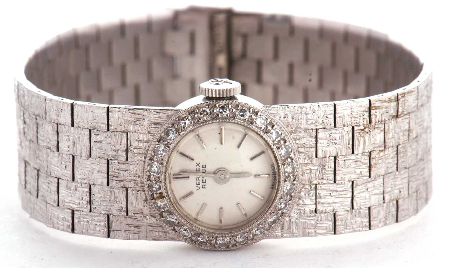 An 18ct white gold ladies Vertex wristwatch with diamond bezel, hallmarks for gold can be found on - Image 3 of 8