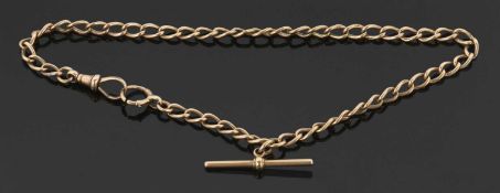 An 18ct watch chain / necklace, each link stamped 18, with lobster claw clasp and T-bar, 37cm