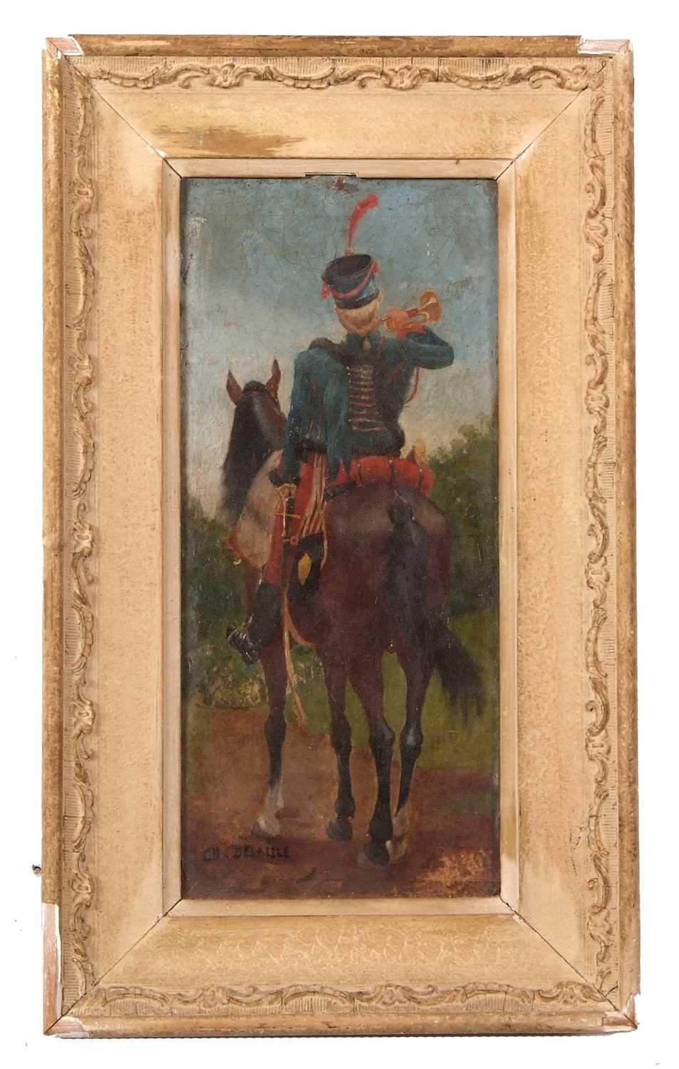 Charles Detaille (French,1852-1894, brother of Edouard Detaille), Bugle boy on horseback, oil on - Image 8 of 9