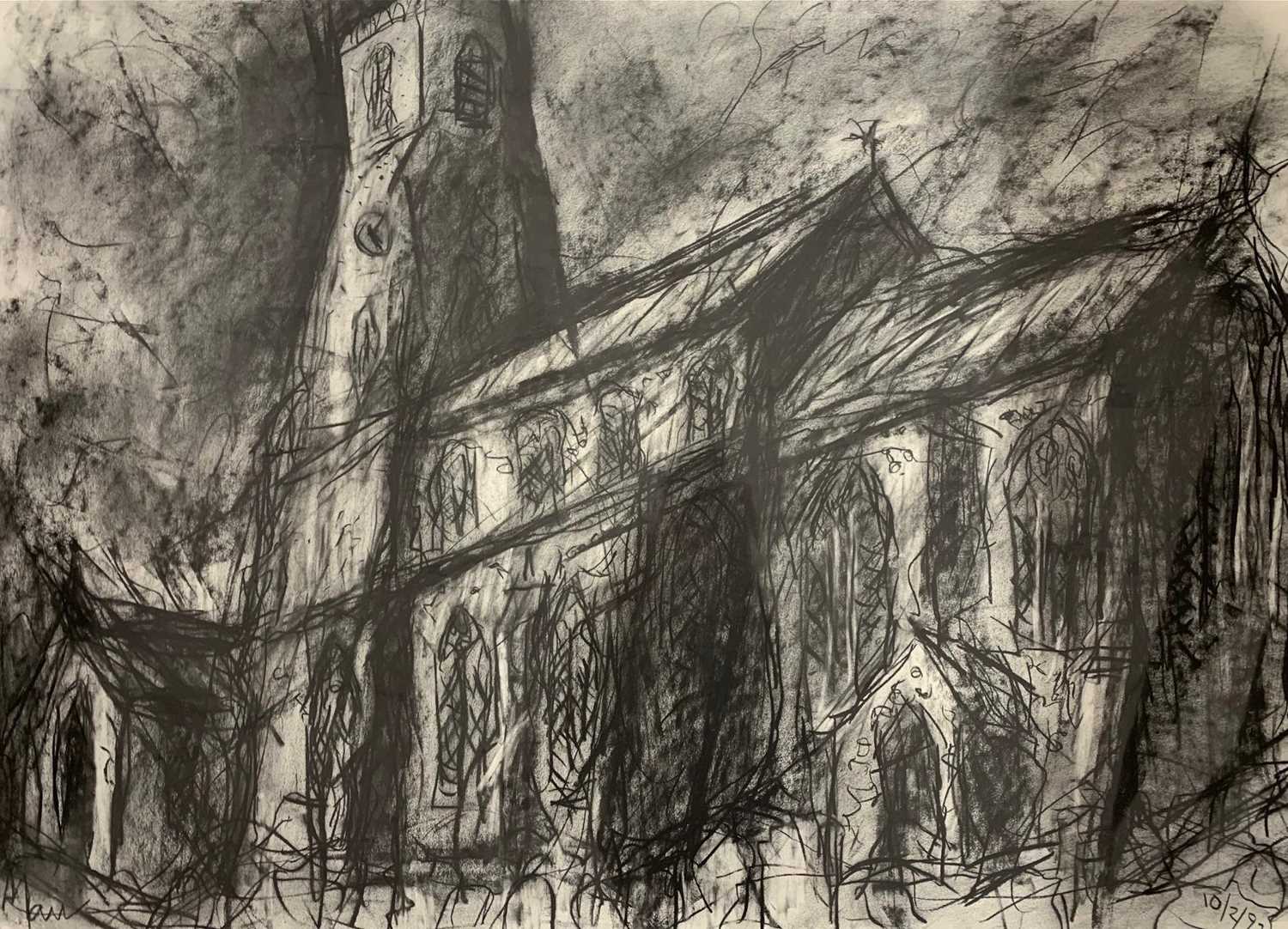 Leslie Marr (British,1922-2021), 'Trunch Church, Norfolk', compressed charcoal on paper, signed