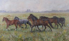 Eddie Goodridge (British, b.1949), Horses in motion, oil on canvas, signed, 22.5x38.5ins, framed