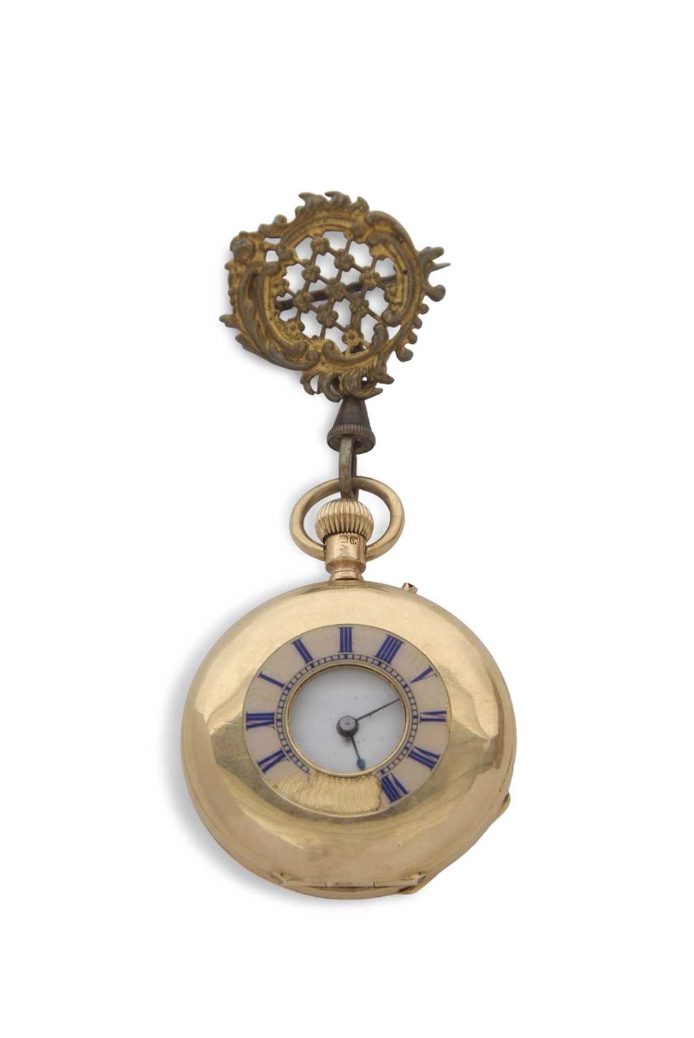 An 18ct gold half Hunter pocket watch with pin brooch, the pocket is hallmarked inside of the case