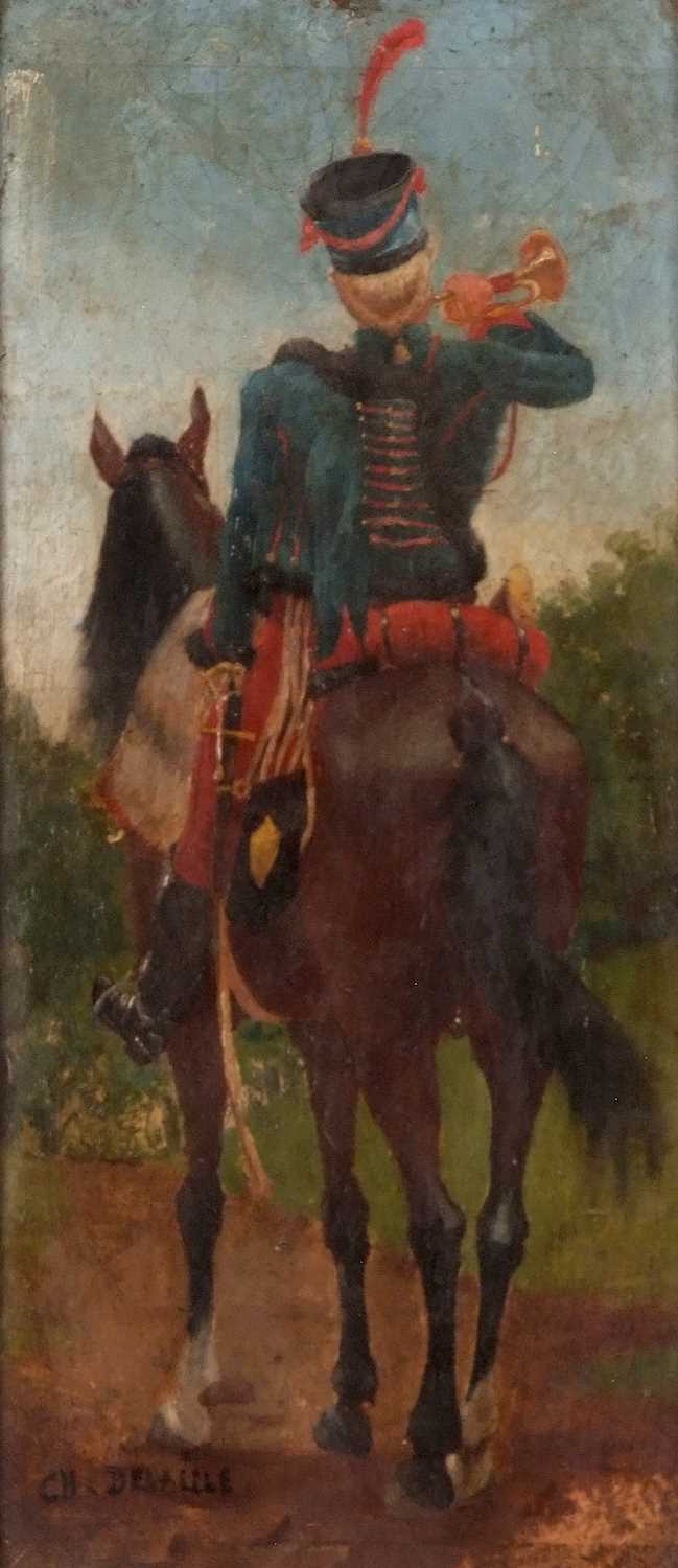 Charles Detaille (French,1852-1894, brother of Edouard Detaille), Bugle boy on horseback, oil on - Image 6 of 9