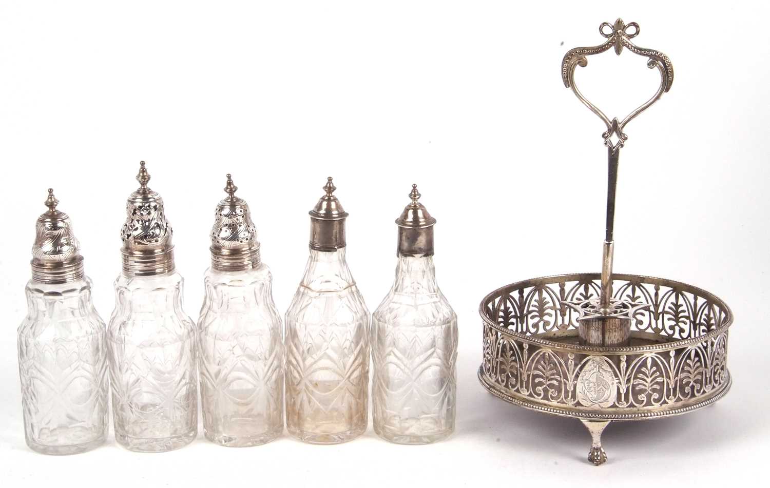George III circular cruet stand, the loaded base with beaded edges and palmette pierced border, - Image 3 of 13