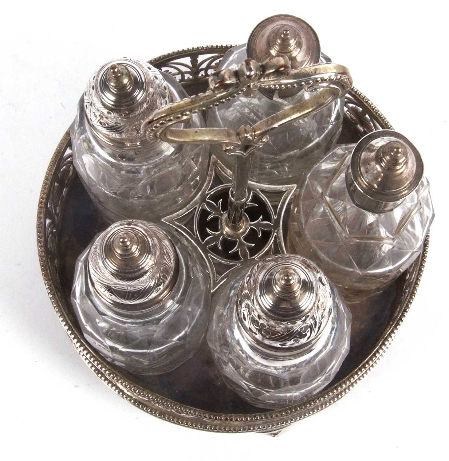 George III circular cruet stand, the loaded base with beaded edges and palmette pierced border, - Image 9 of 13