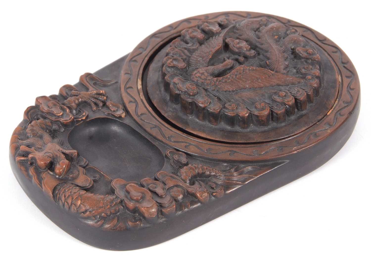 A Chinese carved box and cover, the cover incised with a peacock and the box with a dragon, - Image 6 of 10