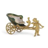 A 19th Century French enamel and ormolu chariot, it shows a standing winged cherub or putto