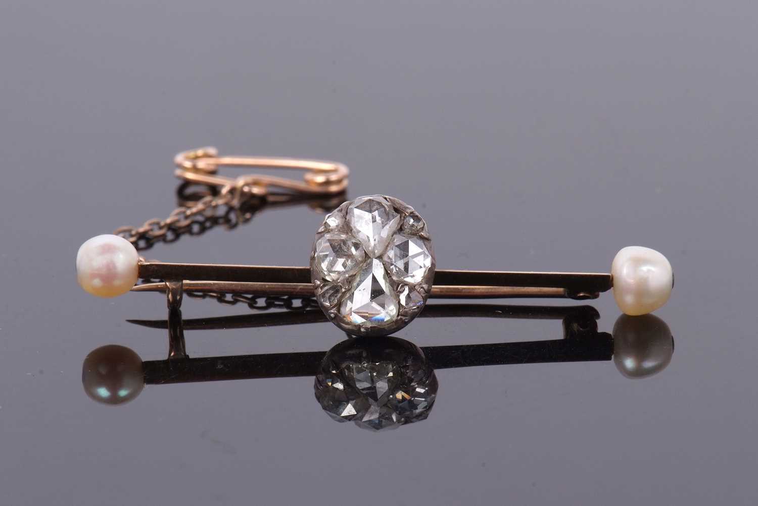 A diamond and 'pearl' bar brooch, the centre set with rose cut diamonds, total estimated approx. 1. - Image 12 of 12