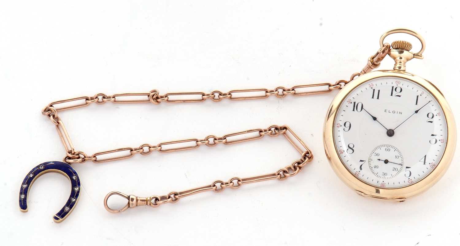 A yellow metal Elgin pocket watch stamped 14k and 585 inside the back of the case back, it has a - Image 6 of 10