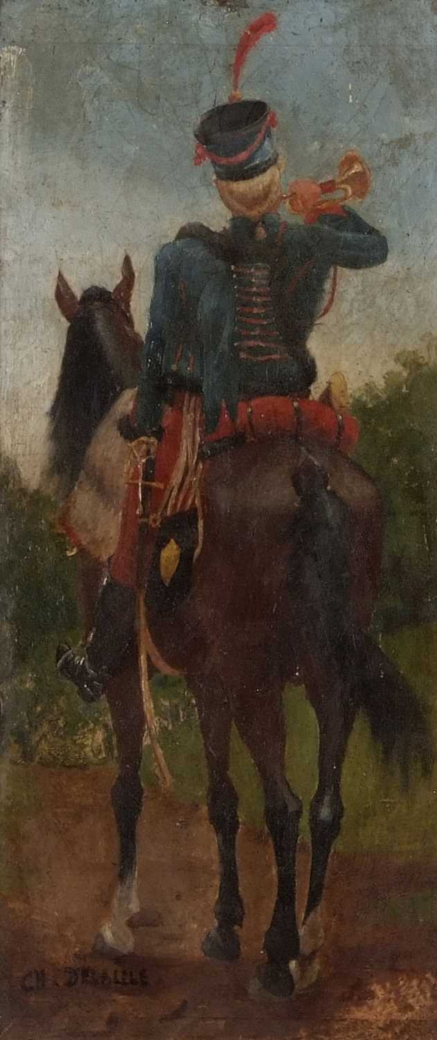 Charles Detaille (French,1852-1894, brother of Edouard Detaille), Bugle boy on horseback, oil on - Image 4 of 9