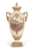 Large Worcester Locke & Co vase with central cartouche painted with a landscape scene of a view in