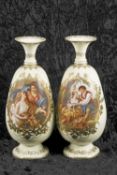 A pair of large late 19th Century continental glass vases, the pale yellow ground with panels of