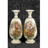 A pair of large late 19th Century continental glass vases, the pale yellow ground with panels of