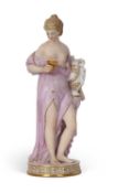 A Meissen model of a classical lady holding a ewer supported on the folds of her skirt on circular