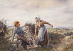 Helen Allingham RWS 1848-1926 (nee Paterson), Two ladies in conversation within a countryside