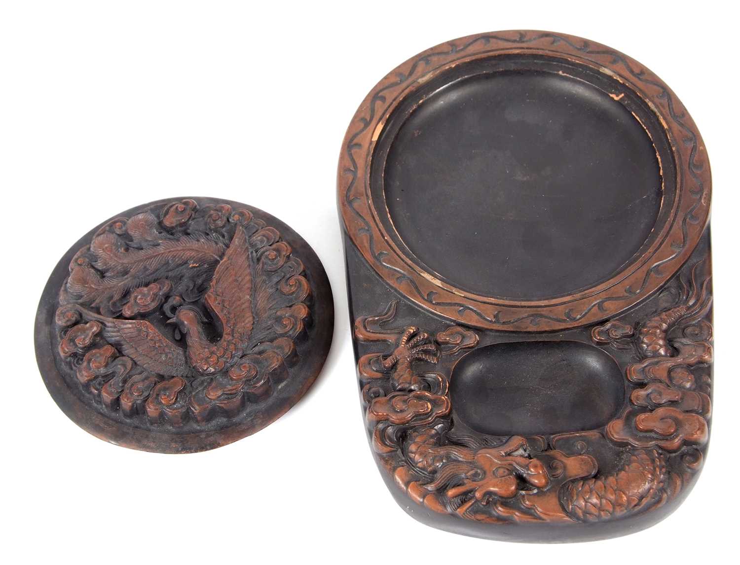 A Chinese carved box and cover, the cover incised with a peacock and the box with a dragon, - Image 4 of 10