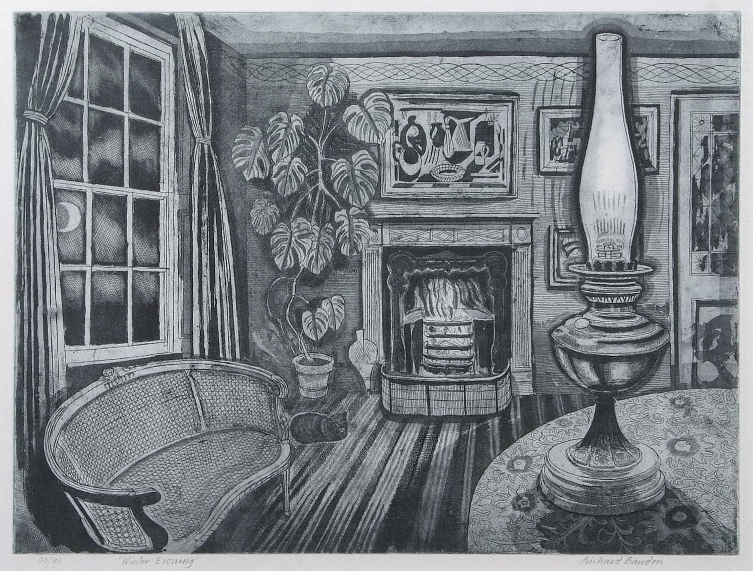 Richard Bawden (British, b.1936), 'Winter Evening', etching with aquatint, numbered 35/85 in pencil,