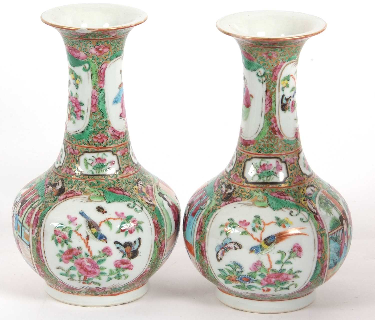 A pair of 19th Century Cantonese porcelain vases of baluster shape with typical designs of - Image 2 of 5
