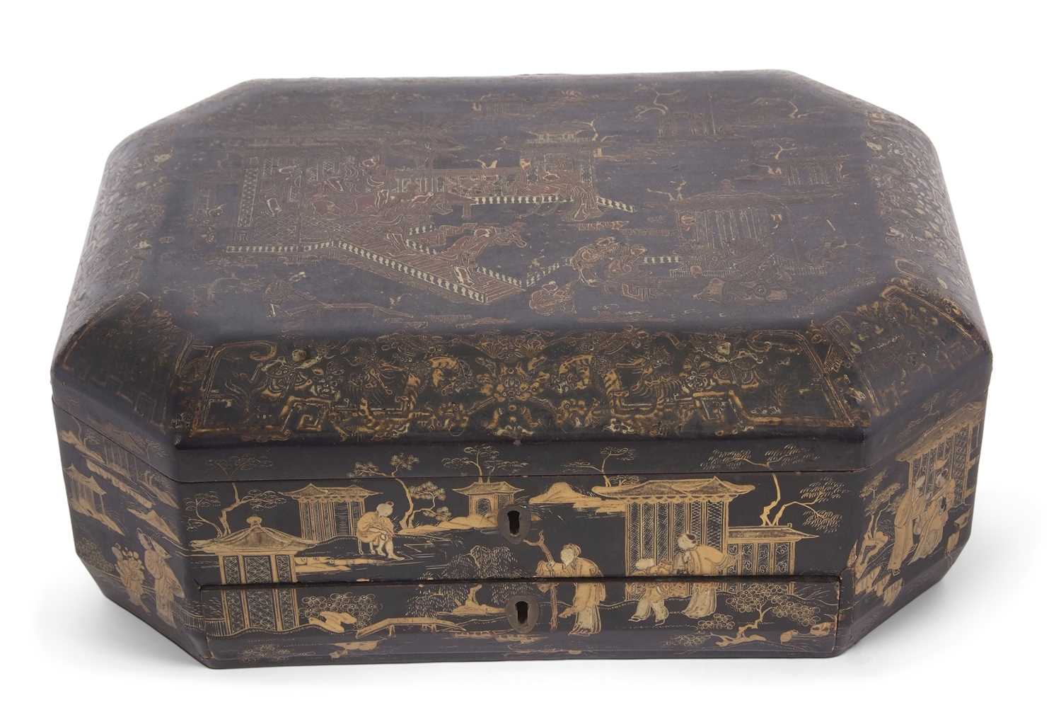 A 19th Century Chinese lacquer box, the black ground decorated in gilt with Chinese landscapes in