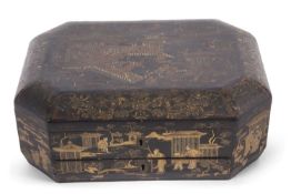 A 19th Century Chinese lacquer box, the black ground decorated in gilt with Chinese landscapes in