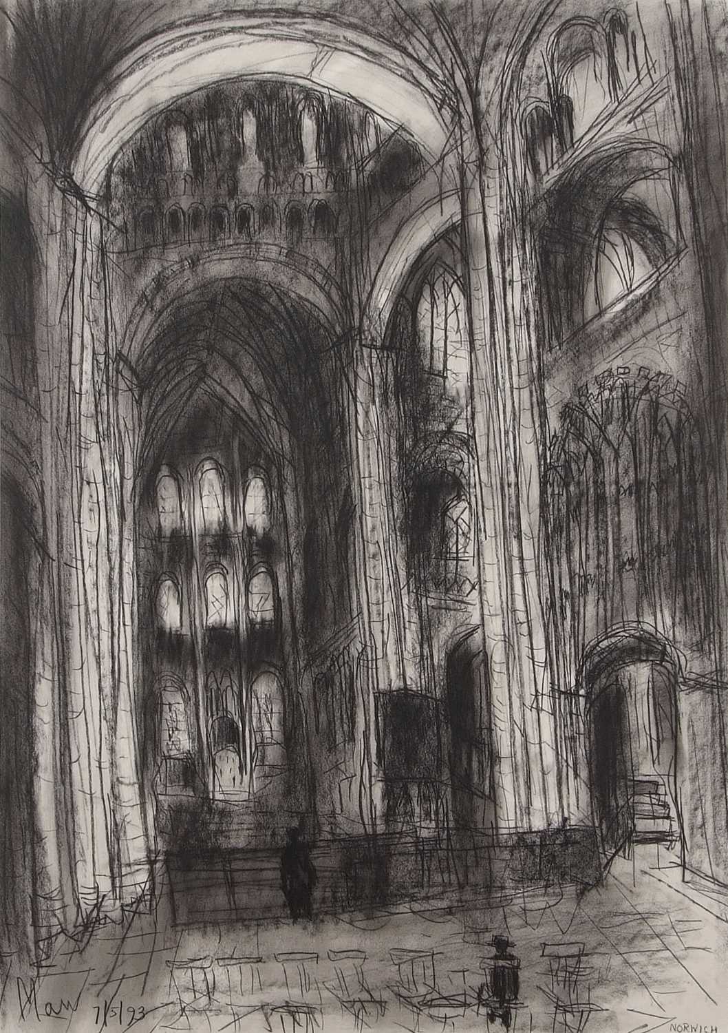 Leslie Marr (British,1922-2021), 'Norwich Cathedral', compressed charcoal on paper, signed and dated - Image 3 of 3