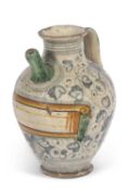 An Italian Maiolica syrup jar with typical blue sponged decoration, vacant title cartouche edged