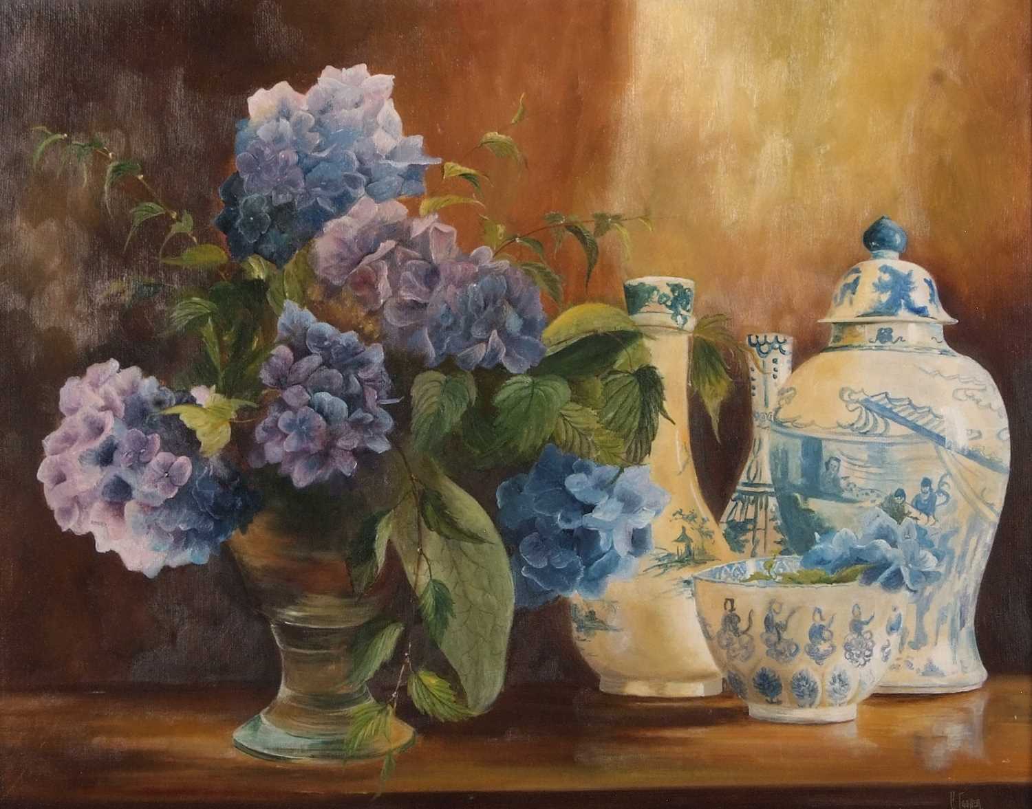 British School, 20th century, Still life with lilac flowers and blueware, oil on board, - Image 3 of 12