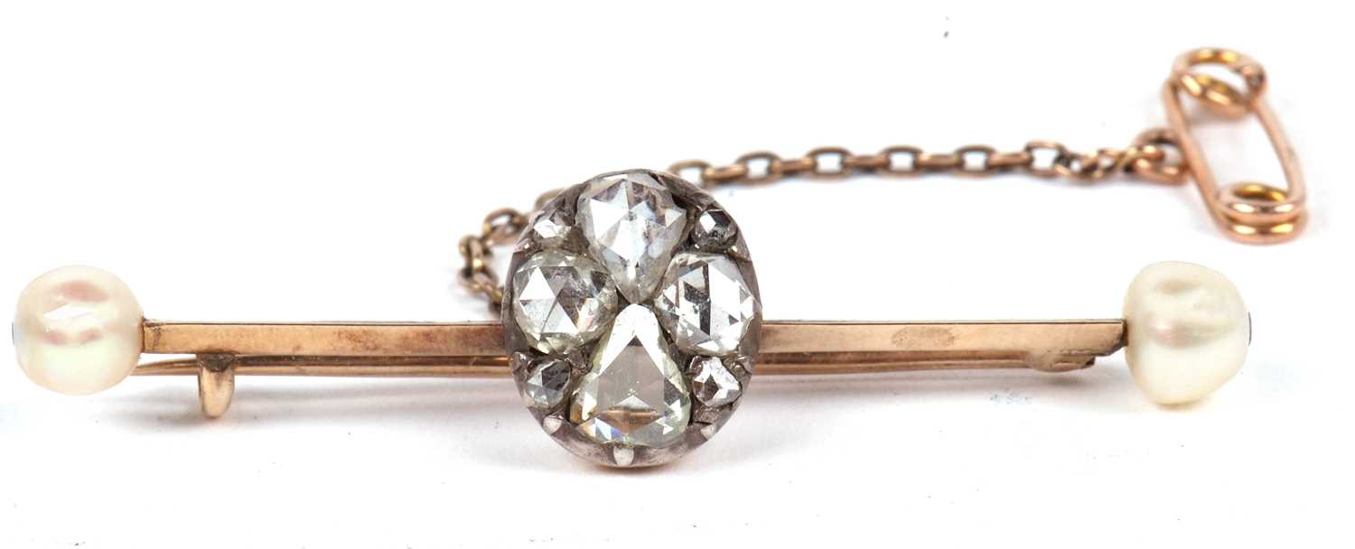 A diamond and 'pearl' bar brooch, the centre set with rose cut diamonds, total estimated approx. 1. - Image 3 of 12