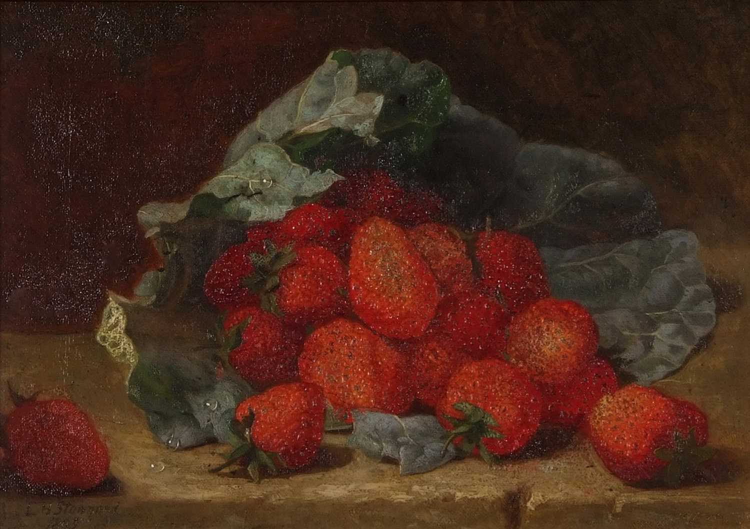 Eloise Harriet Stannard (British, 1829-1915), Still life of strawberries and cabbage leaves, oil - Image 2 of 3