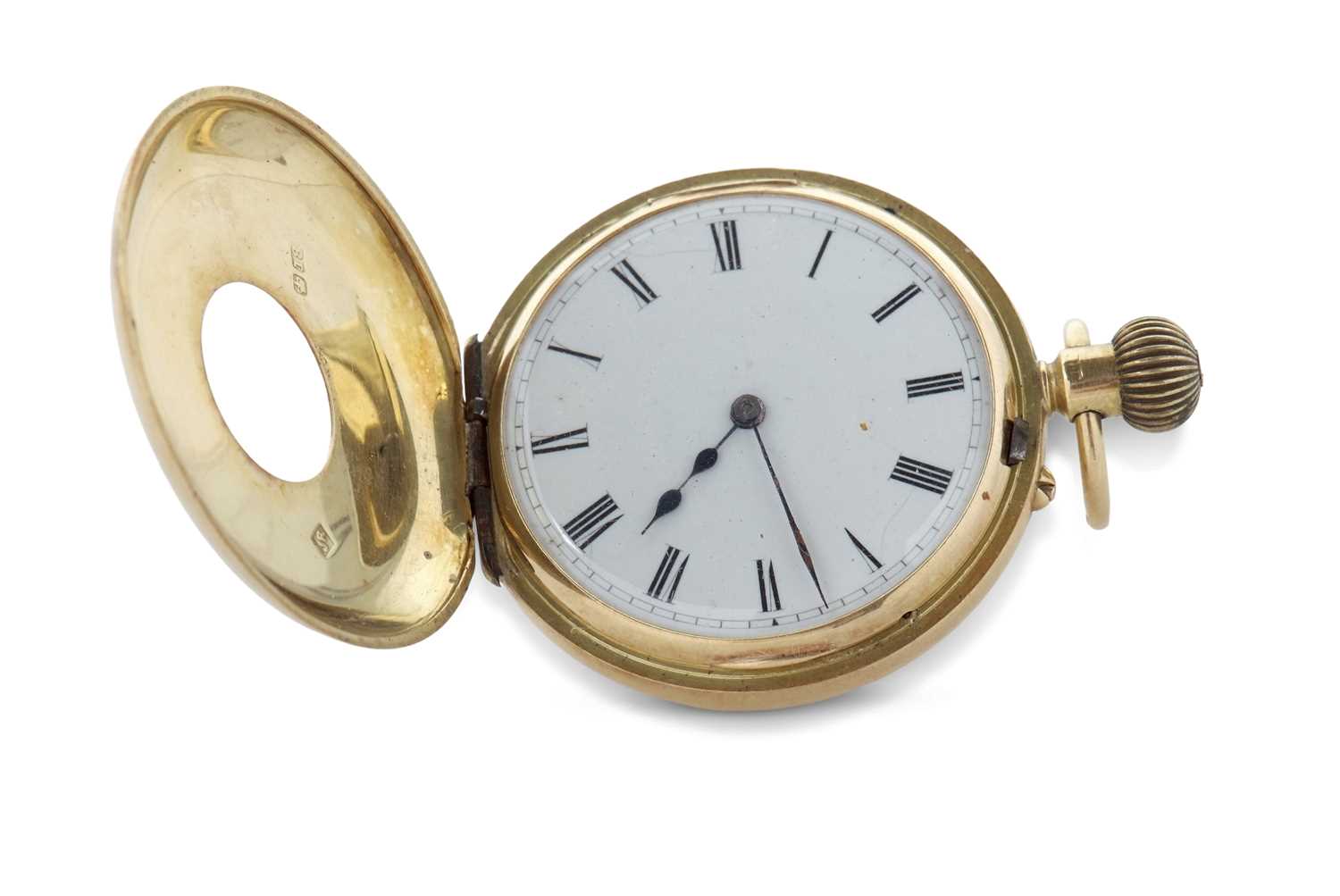 An 18ct gold half Hunter pocket watch stamped 18 inside of the case back and the front of the